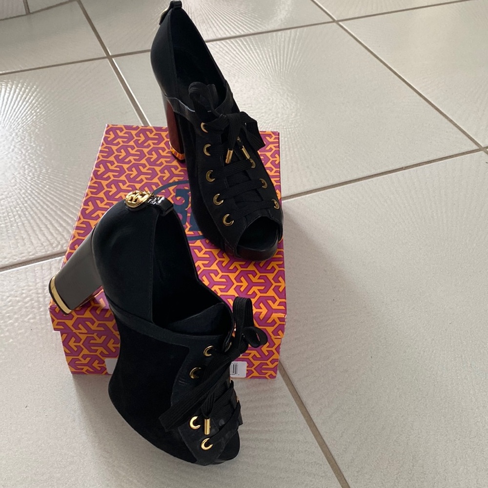 Tory Burch TALISA Open Toe Tie Booties black suede vintage pate pump 10